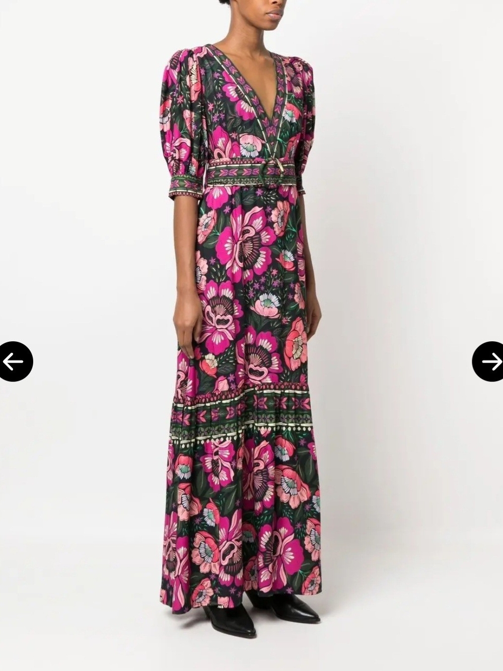 Floral V-Neck Dress in Black with Pink, Coral & Green Blooms - Picture 3 of 7